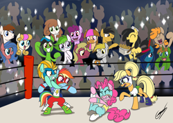 Size: 3500x2500 | Tagged: safe, artist:gearholder, imported from derpibooru, applejack, lightning dust, pinkie pie, rainbow dash, oc, oc:skye, buena girl, crossover, lucha libre, luchador, mucha lucha, wrestling