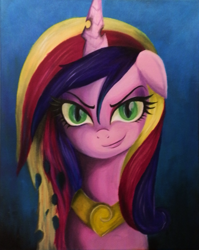 Size: 1472x1848 | Tagged: safe, artist:miraclekilljoy, imported from derpibooru, princess cadance, queen chrysalis, alicorn, changeling, changeling queen, disguise, disguised changeling, fake cadance, female, looking at you, painting, scary, solo, traditional art