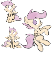 Size: 1010x1080 | Tagged: safe, artist:whatsapokemon, imported from derpibooru, scootaloo, pegasus, pony, blank flank, cute, cutealoo, female, filly, foal, folded wings, shrunken pupils, simple background, sitting, solo, spread wings, white background, wings