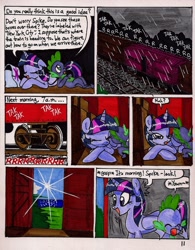 Size: 1280x1643 | Tagged: safe, artist:newyorkx3, imported from derpibooru, spike, twilight sparkle, alicorn, pony, comic:twilight and the big city, comic, female, mare, rain, traditional art, train, twilight sparkle (alicorn)