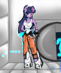 Size: 1500x1800 | Tagged: safe, artist:xonitum, imported from derpibooru, twilight sparkle, anthro, ambiguous facial structure, chell, clothes, crossover, female, portal (valve), reference, solo, tanktop