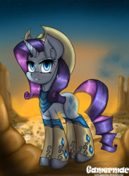 Size: 1100x1500 | Tagged: safe, artist:gamermac, imported from derpibooru, rarity, backlighting, bandana, boots, clothes, female, hat, hoof boots, solo, western