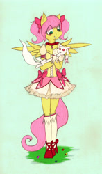 Size: 3097x5267 | Tagged: safe, artist:xenalollie, imported from derpibooru, fluttershy, anthro, crossover, incubator (species), kyubey, madoka kaname, magical girl, puella magi madoka magica, voice actor joke