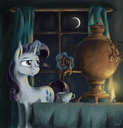 Size: 4800x5000 | Tagged: safe, artist:pponyoo, imported from derpibooru, rarity, pony, unicorn, absurd resolution, candle, crescent moon, female, glowing horn, magic, moon, night, russian, samovar, solo, tea, teacup, telekinesis