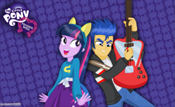 Size: 1143x698 | Tagged: safe, artist:jucamovi1992, imported from derpibooru, flash sentry, twilight sparkle, equestria girls, female, flashlight, guitar, male, shipping, straight