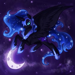 Size: 1280x1280 | Tagged: safe, artist:bluekazenate, imported from derpibooru, nightmare moon, alicorn, pony, female, flying, moon, night, smiling, solo