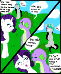 Size: 1024x1229 | Tagged: safe, artist:wickedsilly, imported from derpibooru, rarity, spike, oc, comic, female, male, self insert, shipper on deck, shipping, sparity, squee, straight, text