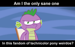 Size: 700x438 | Tagged: safe, artist:hotdiggedydemon, imported from derpibooru, spike, .mov, bronybait, image macro, male, pony.mov, sane, sanity, solo, talking to viewer, text, that's spike