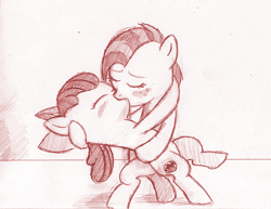 Size: 792x612 | Tagged: safe, artist:jaxonian, imported from derpibooru, apple bloom, babs seed, earth pony, pony, ask fapplebloom, appleseed, blushing, female, filly, foal, incest, kiss on the lips, kissing, lesbian, monochrome, shipping