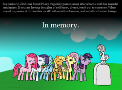 Size: 675x500 | Tagged: safe, artist:wryte, imported from derpibooru, applejack, fluttershy, pinkie pie, posey, rainbow dash, rarity, twilight sparkle, crying, grave, gravestone, implied death, mane six, mourning, pinkamena diane pie, suicide, text, twilight sparkle (alicorn)