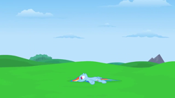 Size: 1280x720 | Tagged: safe, artist:misterdavey, imported from derpibooru, rainbow dash, smile hd, female, grass, on back, out of context, solo