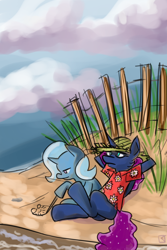 Size: 730x1095 | Tagged: safe, artist:fauxsquared, imported from derpibooru, princess luna, trixie, luna-afterdark, beach, clothes, fence, shirt