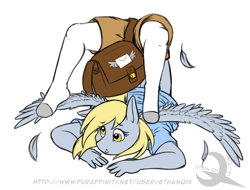 Size: 600x457 | Tagged: safe, artist:ethanqix, edit, imported from derpibooru, derpy hooves, anthro, unguligrade anthro, bag, clothes, clumsy, colored, female, hoof feet, mail, mailbag, mailmare, socks, solo, upside down