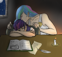 Size: 2225x2053 | Tagged: safe, artist:chilly-chan, imported from derpibooru, princess celestia, twilight sparkle, human, book, candle, dark, female, humanized, kissing, lesbian, light skin, momlestia, quill, shipping, sleeping, table, twilestia