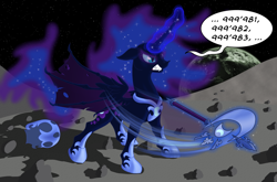 Size: 1600x1054 | Tagged: safe, artist:xonxt, imported from derpibooru, nightmare moon, alicorn, pony, angry, axe, female, moon, on the moon, solo