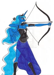 Size: 754x1059 | Tagged: dead source, safe, artist:13foxywolf666, imported from derpibooru, princess luna, anthro, archer, archery, arrow, bow (weapon), bow and arrow, female, solo, watermark, weapon