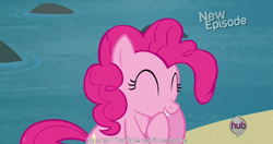 Size: 1152x606 | Tagged: safe, imported from derpibooru, screencap, pinkie pie, pinkie apple pie, female, hub logo, meme, new episode, solo, youtube, youtube caption