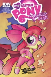 Size: 1265x1920 | Tagged: safe, artist:agnesgarbowska, idw, imported from derpibooru, apple bloom, action pose, clothes, costume, cover, jetpack comics, superhero