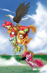 Size: 850x1328 | Tagged: safe, artist:johnjoseco, imported from derpibooru, apple bloom, applejack, big macintosh, granny smith, pinkie pie, that friggen eagle, bald eagle, eagle, earth pony, pony, pinkie apple pie, accessory theft, angry, camera, carrying, cloud, flying, grin, gritted teeth, holding, male, open mouth, smiling, stallion, wide eyes