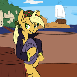 Size: 700x700 | Tagged: safe, artist:goat train, imported from derpibooru, applejack, pony, 30 minute art challenge, bipedal, clothes, female, pirate, ship, solo