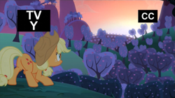 Size: 853x478 | Tagged: safe, imported from derpibooru, screencap, applejack, earth pony, pony, bats!, apple orchard, apple tree, butt, dawn, female, mare, orchard, plot, solo, tree