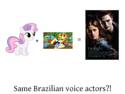 Size: 1024x768 | Tagged: safe, imported from derpibooru, flam, sweetie belle, brazil, crack shipping, exploitable meme, luciana baroli, meme, portuguese, same voice actor, twilight (series), wendel bezerra