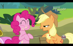 Size: 1680x1050 | Tagged: safe, imported from derpibooru, screencap, applejack, pinkie pie, pinkie apple pie, black bars, hub logo