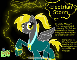 Size: 792x612 | Tagged: safe, artist:flint-productions, imported from derpibooru, oc, oc only, clothes, costume, electria, female, golden electria, mare, power ponies oc, raised hoof, reference sheet, solo, storm, superhero