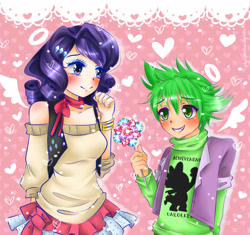 Size: 2232x2098 | Tagged: safe, artist:monicherrie, imported from derpibooru, rarity, spike, human, clothes, duo, female, humanized, light skin, male, shipping, skirt, sparity, straight, sweater