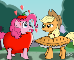 Size: 1100x900 | Tagged: safe, artist:icebreak23, imported from derpibooru, applejack, pinkie pie, applepie, clothes, duo, female, food costume, lesbian, pun, shipping, unamused, visual pun