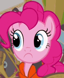 Size: 320x388 | Tagged: safe, edit, edited screencap, imported from derpibooru, screencap, pinkie pie, pony, pinkie apple pie, :c, animated, cringing, female, frown, gif, inverted mouth, lifejacket, mare, only the dead can know peace from this evil, solo
