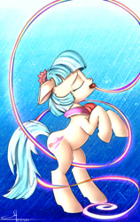 Size: 2245x3543 | Tagged: safe, artist:1vladislav, imported from derpibooru, coco pommel, pony, bipedal, female, mouth hold, rainbow thread, solo