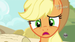Size: 576x324 | Tagged: safe, imported from derpibooru, screencap, applejack, earth pony, pony, pinkie apple pie, animated, faic, female, hub logo, hubble, scroll, silly, silly pony, solo, the hub