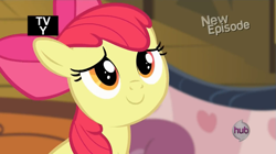 Size: 853x478 | Tagged: safe, imported from derpibooru, screencap, apple bloom, earth pony, pony, pinkie apple pie, adorabloom, bow, cute, female, filly, foal, hair bow, hub logo, smiling, solo, sweet dreams fuel, tv rating, tv-y