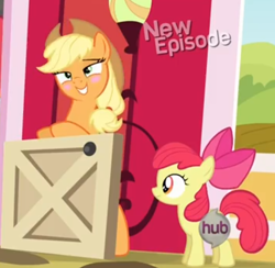 Size: 1062x1036 | Tagged: safe, imported from derpibooru, screencap, apple bloom, applejack, earth pony, pony, pinkie apple pie, blushing, cropped, embarrassed, female, filly, hub logo, mare, out of context