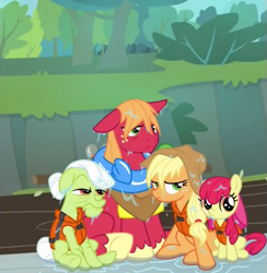 Size: 615x631 | Tagged: safe, imported from derpibooru, screencap, apple bloom, applejack, big macintosh, granny smith, earth pony, pony, pinkie apple pie, adorabloom, cute, male, stallion, wet