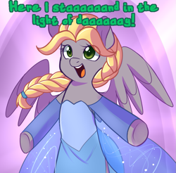 Size: 911x897 | Tagged: safe, artist:senseidezzy, deleted from derpibooru, imported from derpibooru, oc, oc only, oc:aero, pegasus, pony, ask, bipedal, colt, cosplay, crossdressing, crossover, frozen (movie), male, offspring, parent:derpy hooves, parent:oc:warden, parents:canon x oc, parents:warderp, singing, solo, tumblr, wig