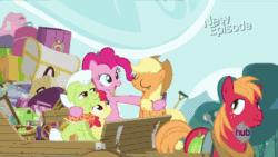 Size: 576x324 | Tagged: safe, imported from derpibooru, screencap, apple bloom, applejack, big macintosh, granny smith, pinkie pie, earth pony, pony, pinkie apple pie, animated, apples to the core, cart, female, filly, hub logo, hubble, male, mare, paint, stallion, the hub, wagon