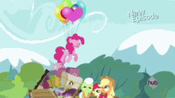 Size: 576x324 | Tagged: safe, imported from derpibooru, screencap, apple bloom, applejack, granny smith, pinkie pie, pinkie apple pie, animated, apples to the core, balloon, female, hub logo, hubble, the hub, then watch her balloons lift her up to the sky