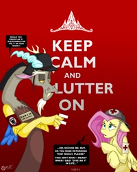 Size: 1461x1827 | Tagged: safe, artist:wolfjedisamuel, imported from derpibooru, discord, fluttershy, armband, helmet, keep calm and carry on, military, poster, propaganda, stahlhelm