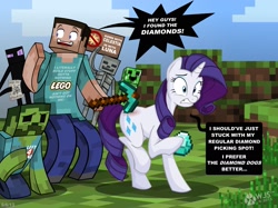 Size: 2113x1582 | Tagged: safe, artist:wolfjedisamuel, imported from derpibooru, rarity, enderman, human, pony, unicorn, zombie, bone, crawling, creeper, crossover, cutie mark, dialogue, diamond, diamond pickaxe, english, female, grass, gritted teeth, holding, hoof hold, left 4 dead, lego, literal butthurt, male, mare, minecraft, mining, ouch, outdoors, pain, paper, pickaxe, raised arm, raised hoof, sign, skeleton, smiling, speech bubble, standing, startled, steve, text, video game, yelling