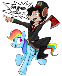 Size: 1594x1933 | Tagged: safe, artist:wolfjedisamuel, imported from derpibooru, rainbow dash, oc, pegasus, pony, axe, female, furry, mad (tv series), mad hatter, mad magazine, mare, rainbow dash and bernstein, riding, saddle, simple background, transparent background