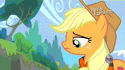 Size: 520x292 | Tagged: safe, edit, edited screencap, imported from derpibooru, screencap, applejack, pinkie pie, earth pony, pony, pinkie apple pie, animated, applepie, caption, duo, female, freckles, hat, hub logo, kiss edit, kiss on the lips, kissing, lesbian, looking at each other, mare, shipping, surprise kiss
