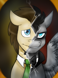 Size: 400x534 | Tagged: safe, artist:jitterbugjive, imported from derpibooru, doctor whooves, time turner, earth pony, pegasus, pony, ask discorded whooves, bowtie, cracked glass, discord whooves, discorded, discorded whooves, doctor who, duality, necktie, solo, the doctor