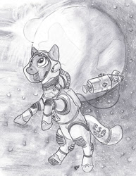 Size: 924x1200 | Tagged: safe, artist:dombrus, imported from derpibooru, oc, oc only, astronaut, monochrome, solo, space, spacesuit, traditional art