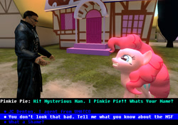 Size: 1360x957 | Tagged: safe, imported from derpibooru, pinkie pie, 3d, crossover, deus ex, dialogue, engrish, gmod, jc denton