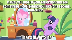 Size: 960x540 | Tagged: safe, edit, edited screencap, imported from derpibooru, screencap, pinkie pie, twilight sparkle, green isn't your color, doctor who, duo, image macro, mirror, pinkie being pinkie, pinkie physics, potted plant, quote