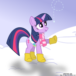 Size: 1000x1000 | Tagged: safe, artist:invidlord, imported from derpibooru, twilight sparkle, pony, unicorn, winter wrap up, boots, clothes, female, mare, raised hoof, saddle, scarf, snow, snowfall, solo, unicorn twilight, winter outfit