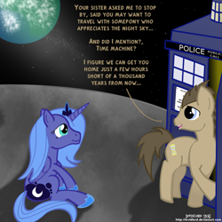 Size: 1000x1000 | Tagged: safe, artist:invidlord, imported from derpibooru, doctor whooves, princess luna, time turner, doctor who, good end, moon, s1 luna, tardis