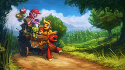 Size: 1920x1080 | Tagged: safe, artist:assasinmonkey, imported from derpibooru, apple bloom, applejack, big macintosh, pinkie pie, earth pony, pony, pinkie apple pie, apples to the core, cart, male, scene interpretation, scenery, scenery porn, singing, stallion, wagon, wallpaper